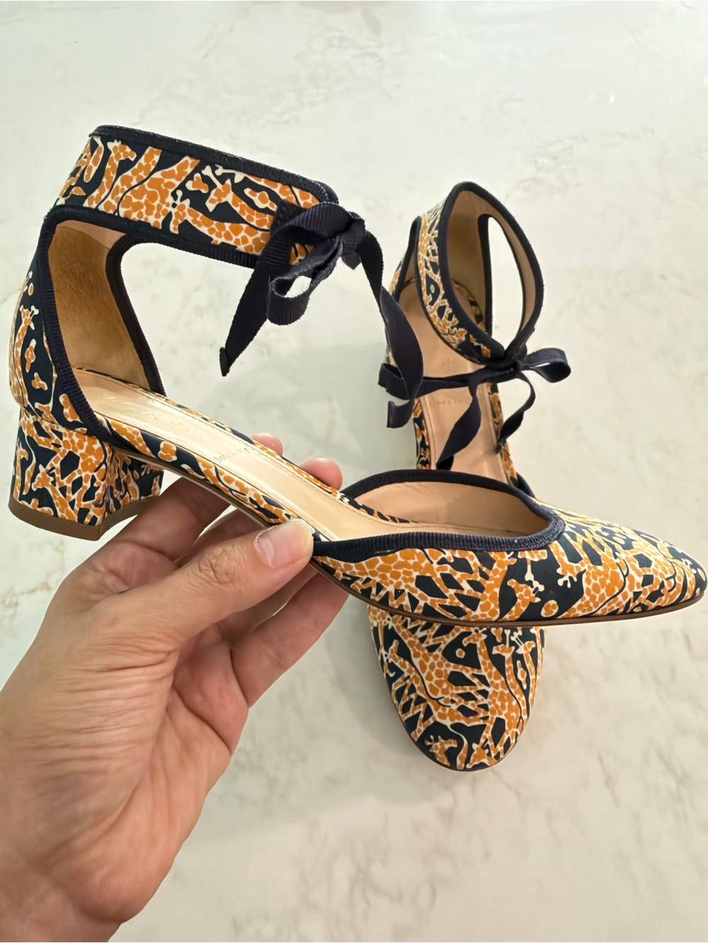 J. Crew Navy and Orange Tie-Ankle Block Heel Pumps
